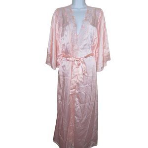 Vintage Full Length Satin Dressing Gown Robe L Pink Lace Belted Bell Sleeve NEW